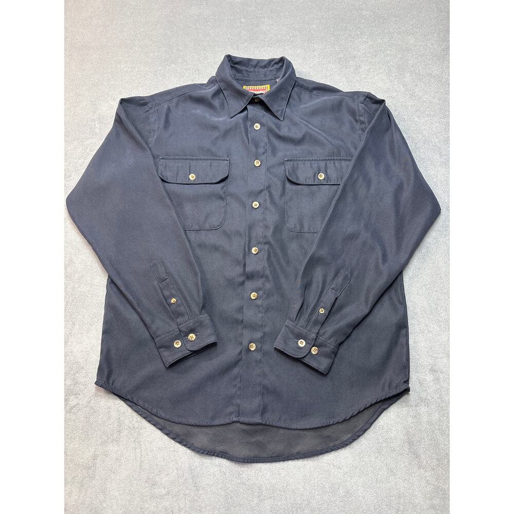 VINTAGE Wrangler Hero Men Button Up Shirt Medium Navy Blue Pockets Long Sleeve